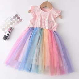 Bear Leader Flying Sleeve Girls Colorful Dress Summer Kids Rainbow Mesh Party Dresses Children Clothing Vestidos Outfits