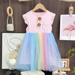 Bear Leader Flying Sleeve Girls Colorful Dress Summer Kids Rainbow Mesh Party Dresses Children Clothing Vestidos Outfits