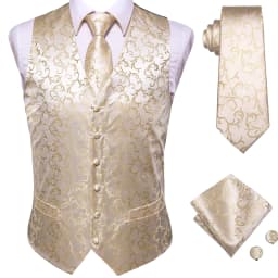 Champagne Mens Vest Tie Set Fashion Paisley Jacquard Western Waistcoat Necktie Hanky Cufflinks Wedding Business Gift Hi-Tie