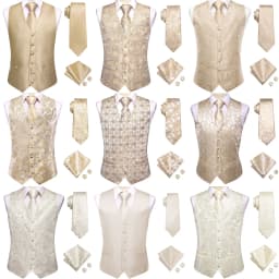 Champagne Mens Vest Tie Set Fashion Paisley Jacquard Western Waistcoat Necktie Hanky Cufflinks Wedding Business Gift Hi-Tie