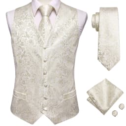 Champagne Mens Vest Tie Set Fashion Paisley Jacquard Western Waistcoat Necktie Hanky Cufflinks Wedding Business Gift Hi-Tie