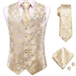 Champagne Mens Vest Tie Set Fashion Paisley Jacquard Western Waistcoat Necktie Hanky Cufflinks Wedding Business Gift Hi-Tie