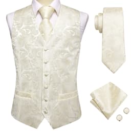 Champagne Mens Vest Tie Set Fashion Paisley Jacquard Western Waistcoat Necktie Hanky Cufflinks Wedding Business Gift Hi-Tie