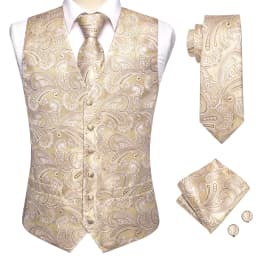 Champagne Mens Vest Tie Set Fashion Paisley Jacquard Western Waistcoat Necktie Hanky Cufflinks Wedding Business Gift Hi-Tie