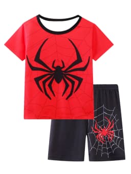 2pcs Boys' Spider Print Cartoon Pattern Short Sleeve Top + Shorts Pajamas Set Children's Loungewear For All Seasons