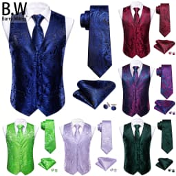 Barry.Wang Men Vest Jacquard Green Blue Red Gold Pink Waistcoat Tie Hanky Cufflinks Set Wedding Business Sleeveless Jacket