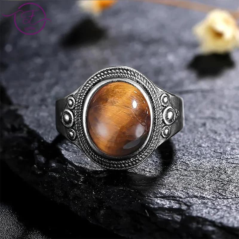 8*10MM Natural Stone Rings for Women Men Retro S925 Silver Plated Tiger Eye Moonstone Ring Party Gift Luxury Fine Jewelry FCGJHW