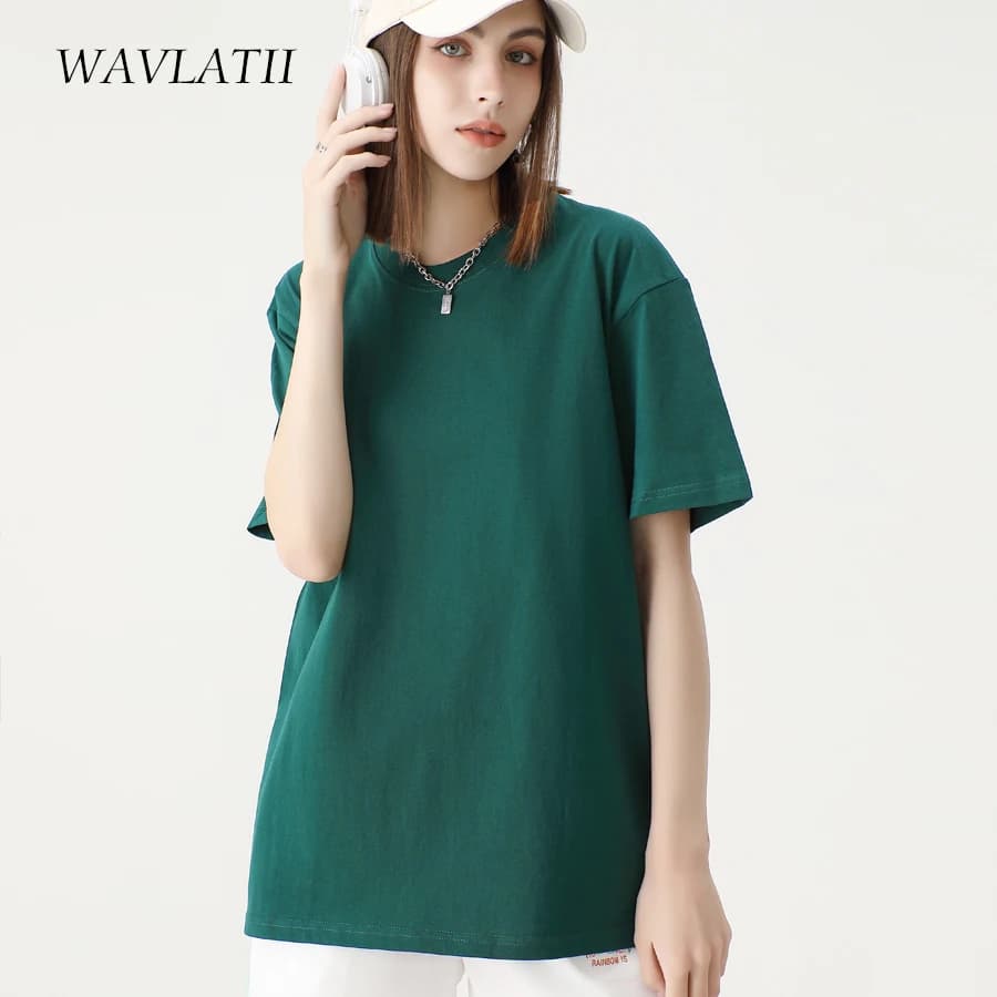 WAVLATII New 100% Cotton Casual T Shirts for Women Female 210 GSM Oversized Soft Tees Unisex Short Sleeve Summer Tops WT2401