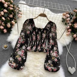 Pink Floral Printing Chiffon Square Collar Lantern Sleeve Women's Blouse Shirt Korean Fashion Female Clothing Tops 2024 Summer