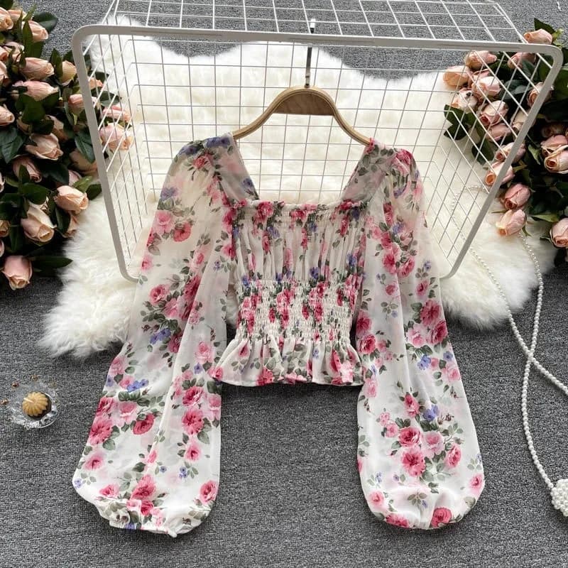Pink Floral Printing Chiffon Square Collar Lantern Sleeve Women's Blouse Shirt Korean Fashion Female Clothing Tops 2024 Summer