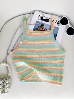 2025 Comfortable and Stylish Striped Ribbed Knit Cami Top for Women Sleeveless Square Neck Casual Top Rainbow Crop Top