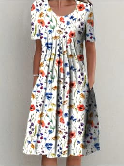2024 New Spring And Summer Women's Elegant Large Skirt Round Neck Printed Short-sleeved Dress
