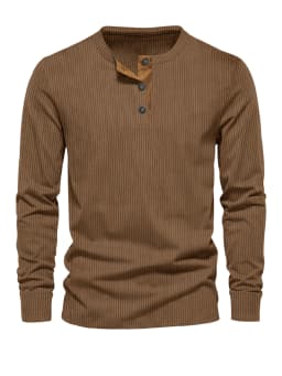 Spring and Autumn New Cross-border Men's Independent Station Corduroy Casual Henry Slim Solid Color Long Sleeve T-Shirt