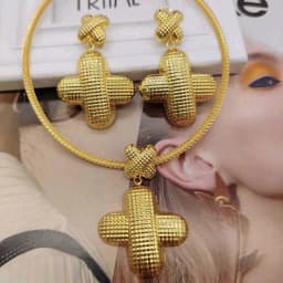 Brazilian  Plated Big Jewelry Set for Women Bold Design Large Earrings Necklace Dubai African 2Pcs Set Wedding Gift