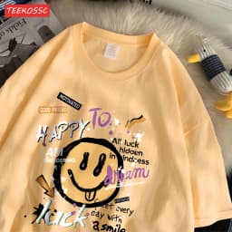 Summer Cotton Women T-Shirts Fun Graffiti Cute Smiling Face Prints Tees Breathable Loose O-Neck Casual Street Female Clothes