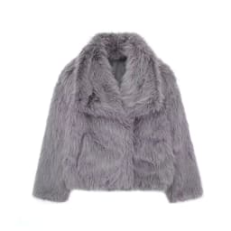 HH Women Fashion Cropped Faux Fur Jacket Coat Long Sleeve Front Snap-button Female Outerwear Chic Lapel Collar Thick Coat