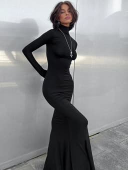 Huhugirl Elegant Dresses For Women Fashion Sexy Solid Turtleneck Full Sleeves Sheath Long Vestidos Robes Female Party Regular