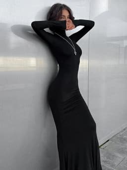 Huhugirl Elegant Dresses For Women Fashion Sexy Solid Turtleneck Full Sleeves Sheath Long Vestidos Robes Female Party Regular