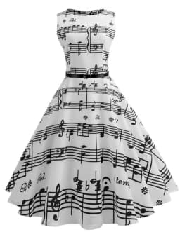 Women's Summer Music Note Print Sleeveless Midi Dress Vintage O-Neck Retro Swing Casual Robe Vestidos