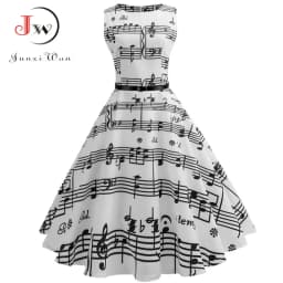 Women's Summer Music Note Print Sleeveless Midi Dress Vintage O-Neck Retro Swing Casual Robe Vestidos