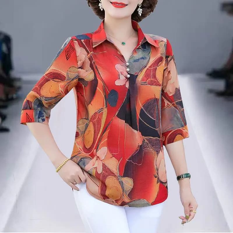 Summer Vintage Floral Printed Shirt Women's Clothing Casual Turn-down Collar Button Commute Half Sleeve Stylish Loose Blouse