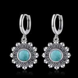 Natural Kyanite Earrings for Women S925 Silver Sun Flower Shaped Retro Silver Labradorite Hoop Earrings