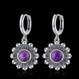 Natural Kyanite Earrings for Women S925 Silver Sun Flower Shaped Retro Silver Labradorite Hoop Earrings