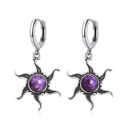 Natural Kyanite Earrings for Women S925 Silver Sun Flower Shaped Retro Silver Labradorite Hoop Earrings