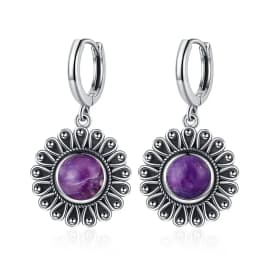 Natural Kyanite Earrings for Women S925 Silver Sun Flower Shaped Retro Silver Labradorite Hoop Earrings