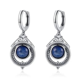 Natural Kyanite Earrings for Women S925 Silver Sun Flower Shaped Retro Silver Labradorite Hoop Earrings