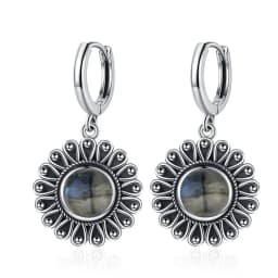 Natural Kyanite Earrings for Women S925 Silver Sun Flower Shaped Retro Silver Labradorite Hoop Earrings