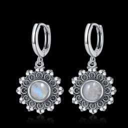 Natural Kyanite Earrings for Women S925 Silver Sun Flower Shaped Retro Silver Labradorite Hoop Earrings