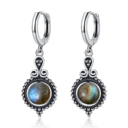Natural Kyanite Earrings for Women S925 Silver Sun Flower Shaped Retro Silver Labradorite Hoop Earrings