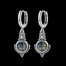 Natural Kyanite Earrings for Women S925 Silver Sun Flower Shaped Retro Silver Labradorite Hoop Earrings