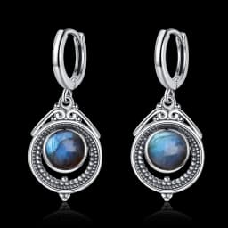 Natural Kyanite Earrings for Women S925 Silver Sun Flower Shaped Retro Silver Labradorite Hoop Earrings