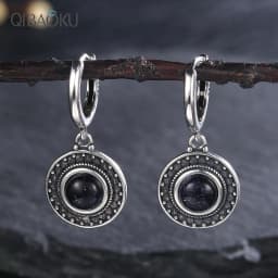 Natural Kyanite Earrings for Women S925 Silver Sun Flower Shaped Retro Silver Labradorite Hoop Earrings