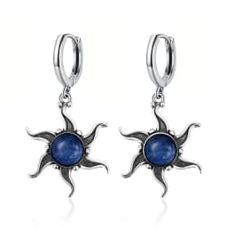 Natural Kyanite Earrings for Women S925 Silver Sun Flower Shaped Retro Silver Labradorite Hoop Earrings