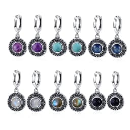 Natural Kyanite Earrings for Women S925 Silver Sun Flower Shaped Retro Silver Labradorite Hoop Earrings