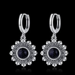 Natural Kyanite Earrings for Women S925 Silver Sun Flower Shaped Retro Silver Labradorite Hoop Earrings