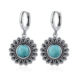 Natural Kyanite Earrings for Women S925 Silver Sun Flower Shaped Retro Silver Labradorite Hoop Earrings