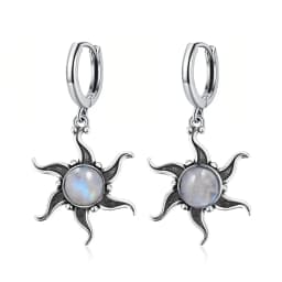 Natural Kyanite Earrings for Women S925 Silver Sun Flower Shaped Retro Silver Labradorite Hoop Earrings