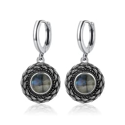 Natural Kyanite Earrings for Women S925 Silver Sun Flower Shaped Retro Silver Labradorite Hoop Earrings