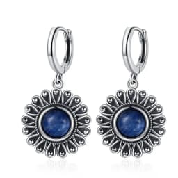 Natural Kyanite Earrings for Women S925 Silver Sun Flower Shaped Retro Silver Labradorite Hoop Earrings