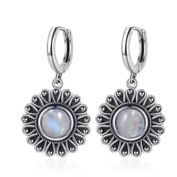 Natural Kyanite Earrings for Women S925 Silver Sun Flower Shaped Retro Silver Labradorite Hoop Earrings