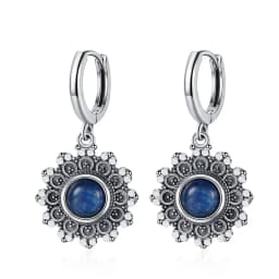 Natural Kyanite Earrings for Women S925 Silver Sun Flower Shaped Retro Silver Labradorite Hoop Earrings