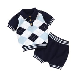 Summer Baby Boys Gentlemen Style Clothes Sets Fashion Blue Short Sleeve Turtle Neck Tee-Shirt+Shorts Infant Cotton Outfits 0-18m