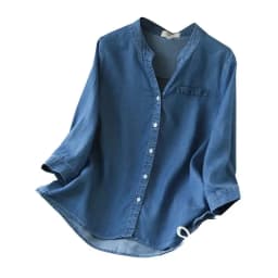 Blue Denim Lyocell Casual V-Neck Single Breasted Three Quarter Sleeve Women's Blouse Shirt Korean Fashion Female Clothing Tops