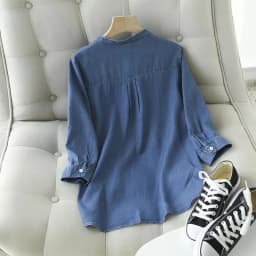 Blue Denim Lyocell Casual V-Neck Single Breasted Three Quarter Sleeve Women's Blouse Shirt Korean Fashion Female Clothing Tops