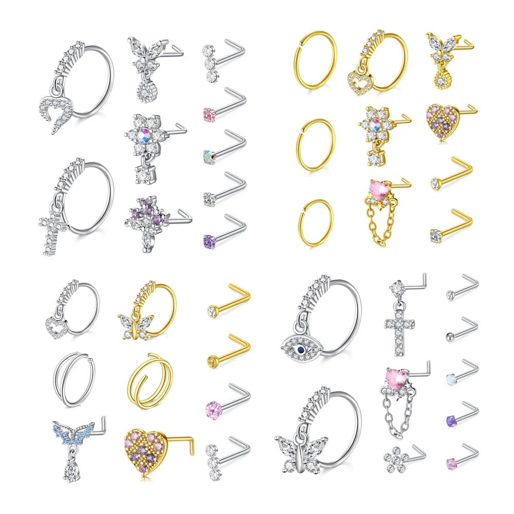 10Pcs Nose Rings Studs for Women Surgical Steel 18/20G Nose Hoop Corkscrew L Shaped Nose Stud Nose Ring Nose Piercing Jewelry