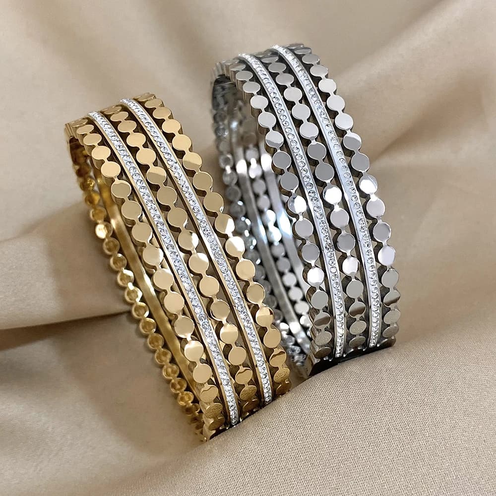 Multiple Rows Round Nails Double Row Rhinestones Stainless Steel Brangle Bracelet for Women Cuff Wristband Jewelry Accessories